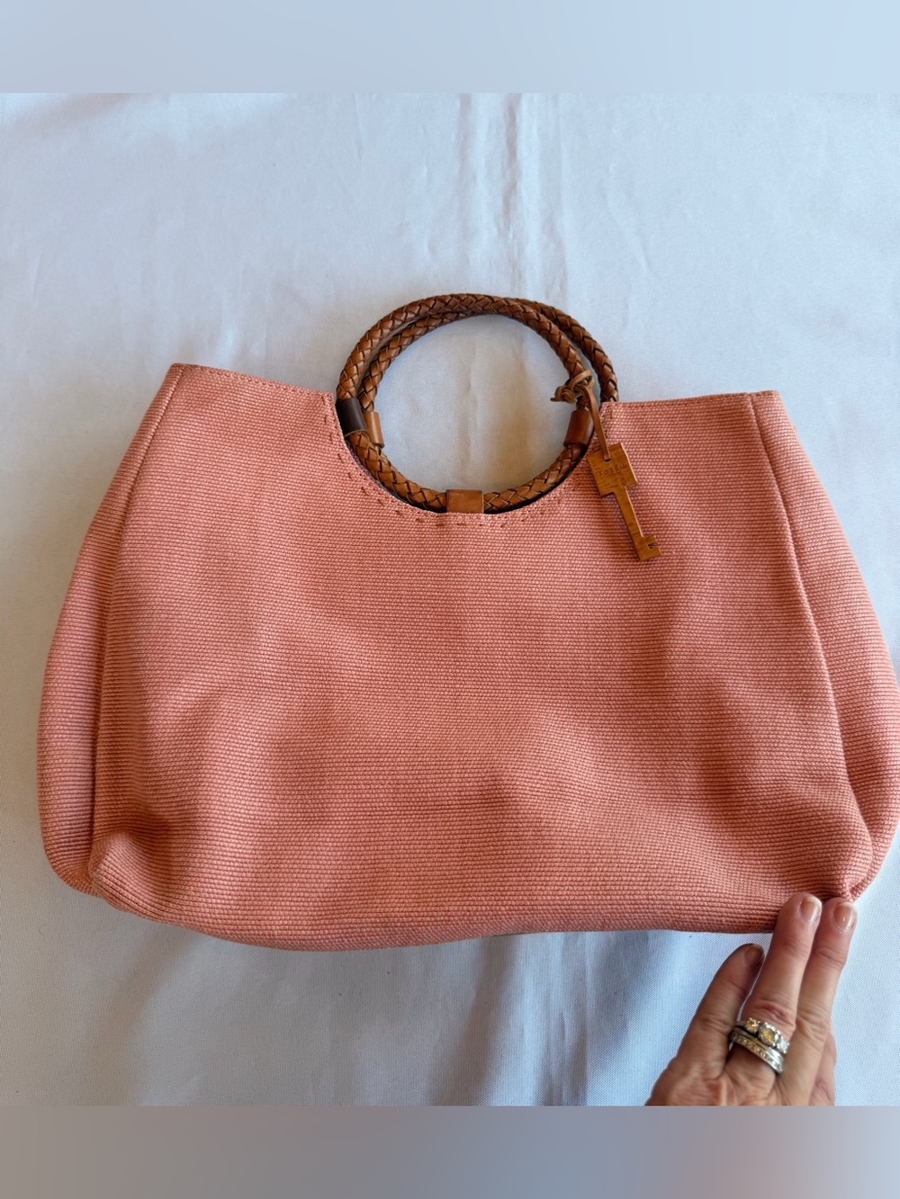 Vintage Fossil Woven Canvas Tote with Braided Brown Handles Wooden Key